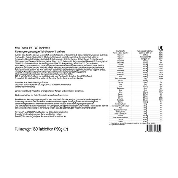 Now Foods, EVE, Multivitamines pour Femmes, 180 Comprimés végétaliens, Testé en Laboratoire, Sans Gluten, Végétarien, Sans OG