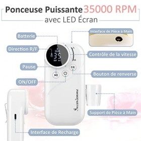 Ponceuse pour Ongles, Incendemme Électrique 35000 RPM Rechargeable USB avec Écran LED Kit Lime à Ongle Professionnelle 6 Embo