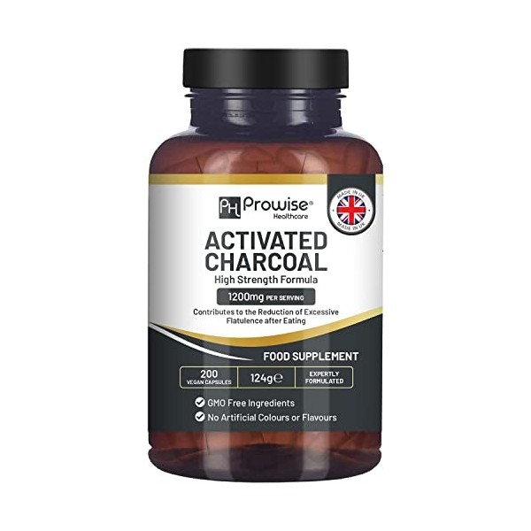 Capsules de charbon actif - 200 capsules végétaliennes à haute résistance - 1200 mg par portion I Fabriqué au Royaume-Uni par