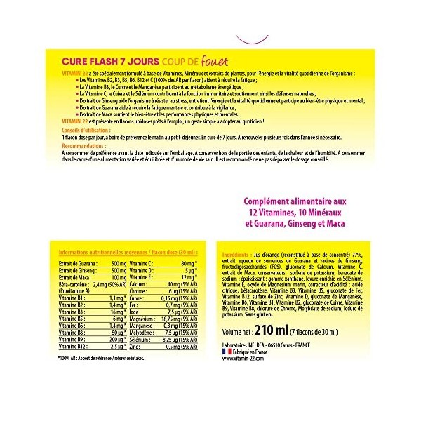 VITAMIN22 - Cure Flash 7 jours - Effet Coup de fouet - Vitalité et tonus - Sans gluten - Fabriqué en France - Cure de 7 j - 