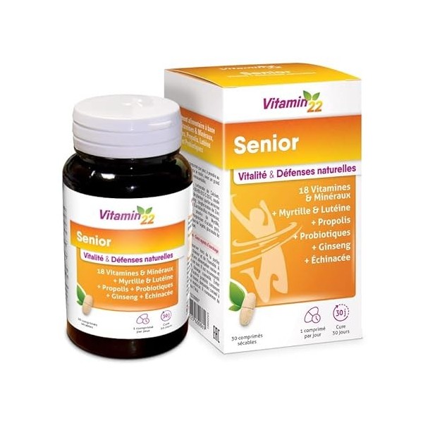 VITAMIN 22 - Senior - Complément alimentaire - Vitamines, Minéraux, oligo-éléments - Myrtille & Lutéine - Vitalité, Tonus & D
