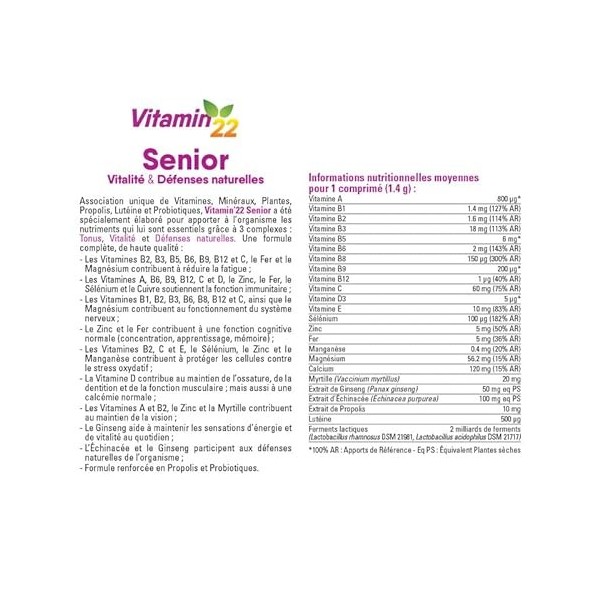 VITAMIN 22 - Senior - Complément alimentaire - Vitamines, Minéraux, oligo-éléments - Myrtille & Lutéine - Vitalité, Tonus & D