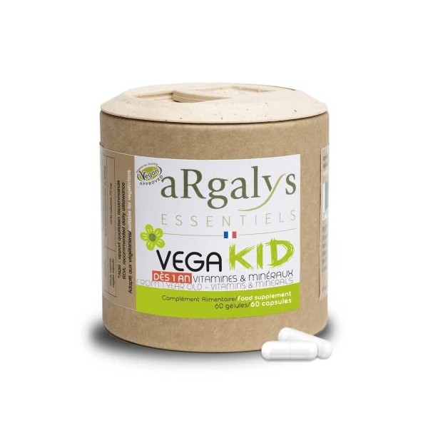 VegaKid | Vitamines et minéraux pour enfants | Dès 1 an | Croissance, Vitalité et Tonus | Calcium, Vitamine D3, B12, E | Natu