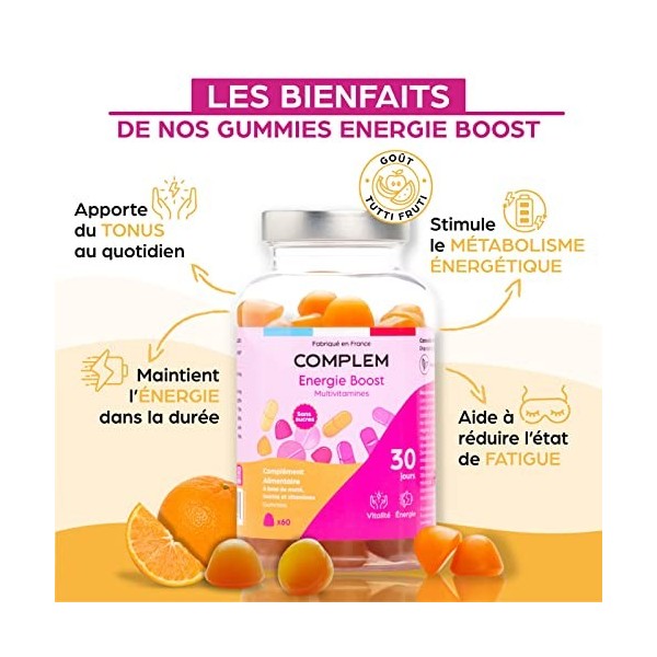 60 Gummies Energie et Forme - Multivitamines, Maté & Taurine - Sans Sucres - Vegan - Fabriqué en France - Cure 1 mois - Goût 