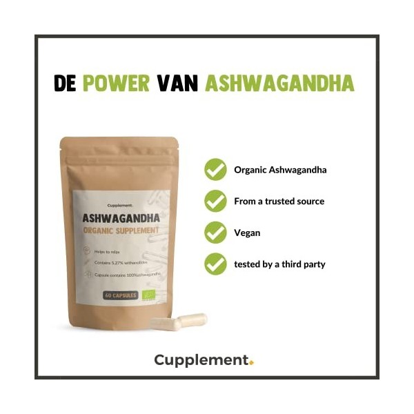 Cupplement | Ashwagandha Capsules 60 Pièces | 500 MG par Capsules Bio | Qualité supérieure