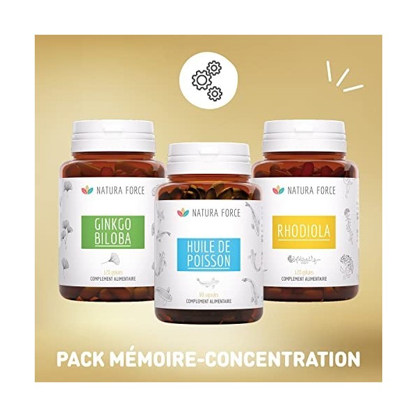 NATURA FORCE - Pack Mémoire-Concentration - Compléments Alimentaires dHuile de Poisson, de Ginseng Rouge & de Rhodiola pour 