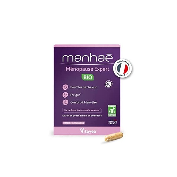Manhaé - Ménopause Expert BIO - Complément alimentaire ménopause sans hormones - Bouffées de chaleur, fatigue, bien-être - Po