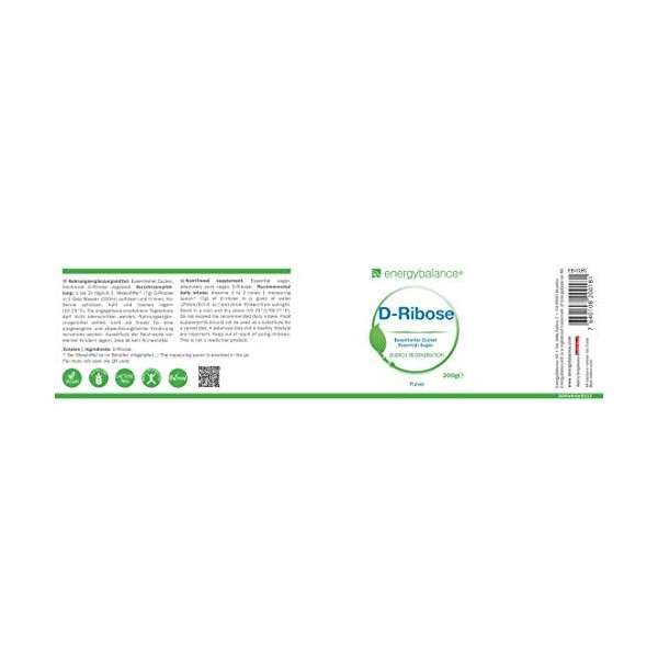 D-Ribose Sucre Essentiel en Poudre - Végétalien - Sans Gluten - Sans OGM - Fatigue - Rendement - 200g