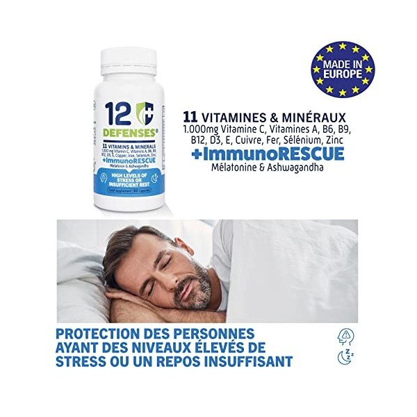 MELATONINE et ASHWAGANDHA pour sendormir et réduire le stress. Vitamines pour la fatigue et les défenses immunitaires- 60 Gé