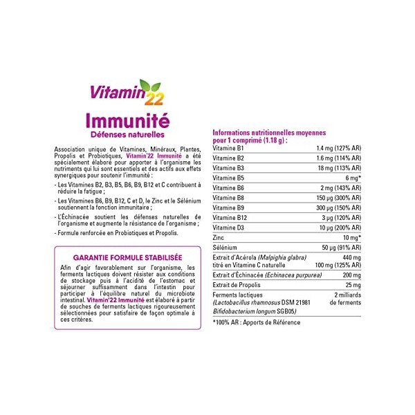 VITAMIN 22 - IMMUNITE - Vitamines, minéraux, Echinacée & Propolis - Contribue à renforcer les défenses immunitaire & à réduir