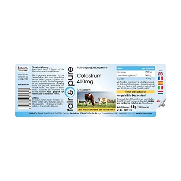 Fair & Pure® - Colostrum 400mg - 120 gélules de Fair & Pure - standardisé à 30% dimmunoglobuline G - hautement dosé et biodi