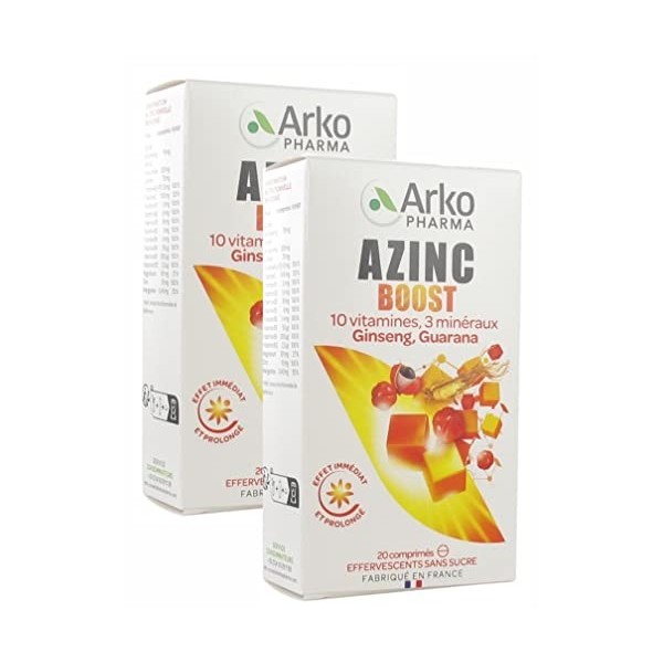 Arkopharma Azinc Boost 10 Vitamines 3 Minéraux Ginseng et Guarana- 20 Comprimés Effervescents - Lot de 2 Boites de 20 comprim