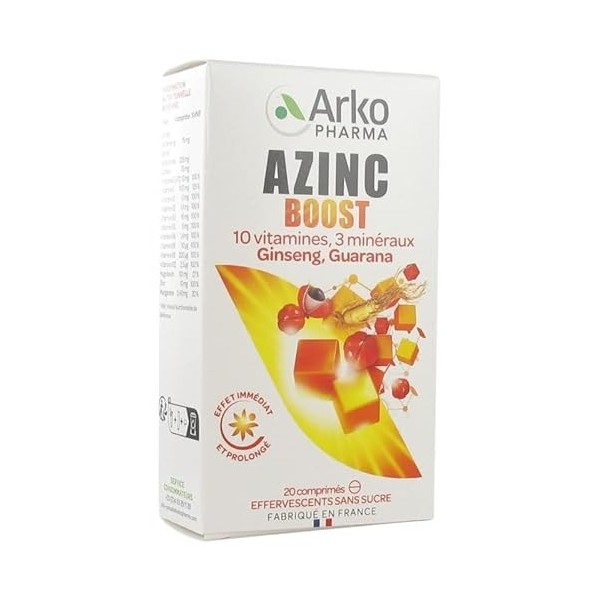 Arkopharma Azinc Boost 10 Vitamines 3 Minéraux Ginseng et Guarana- 20 Comprimés Effervescents - Lot de 2 Boites de 20 comprim