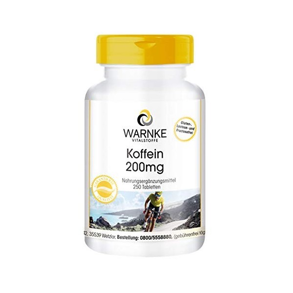 Caféine Comprimés 200mg - Haute Dose - Vegan - 250 Pièces | Warnke Vitalstoffe