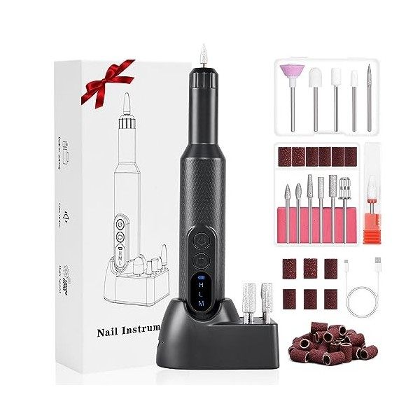 URAQT Lime a Ongle Electrique, 12 en1 Ponceuse pour Ongles Électrique Professionnel vec lumière LED, Lime à Ongles Électrique