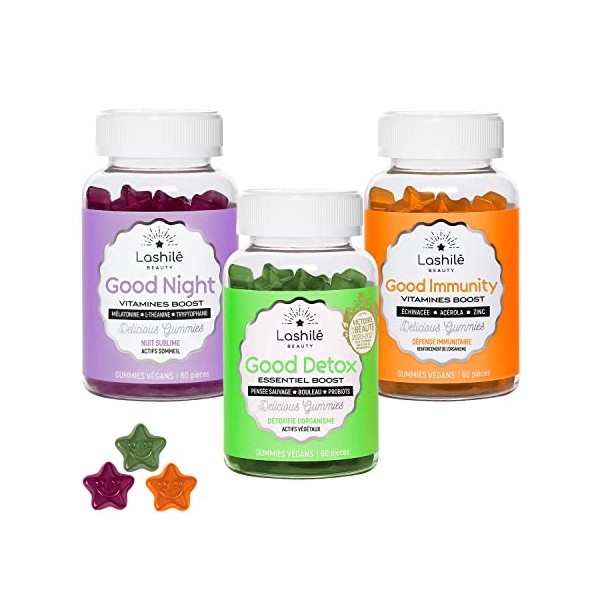 LASHILÉ BEAUTY - Compléments Alimentaires - Good Night / Good Detox / Good Immunity - Cure Bien Etre - 3 x 60 Gummies - Fabri