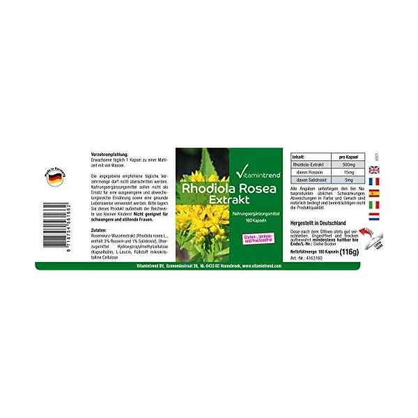 Poudre dextrait de Rhodiola Rosea en gélules 500mg - vegan - 180 capsules - Orpin Rose | Vitamintrend®