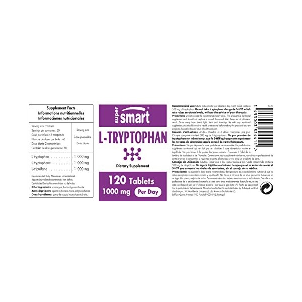 L-Tryptophane 1000 mg par jour - Qualité du sommeil et Endormissement - Précurseur de la Sérotonine, de la Mélatonine, du 5-H
