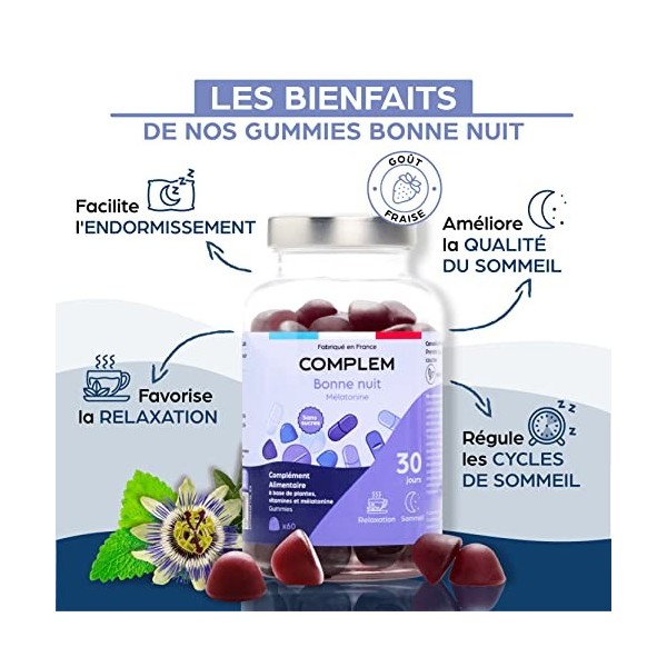 Complément alimentaire naturel Sommeil - 1,9mg Mélatonine, Mélisse, Passiflore - Sans Sucres - Vegan - Fabriqué en France - C