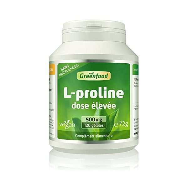 Greenfood L-proline, 500 mg, dose élevée, 120 gélules - Produit par fermentation. SANS additifs artificiels. Sans organismes 