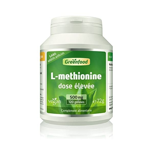 Greenfood L-méthionine, 500 mg, dose élevée, 120 gélules, vegan - acide aminé SANS additifs artificiels, sans organisme génét