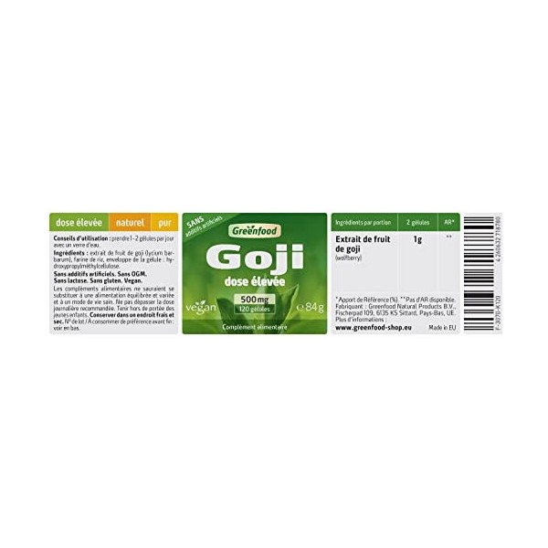 Greenfood Baie de Goji, 500 mg, dose élevée, 120 gélules - Vegan