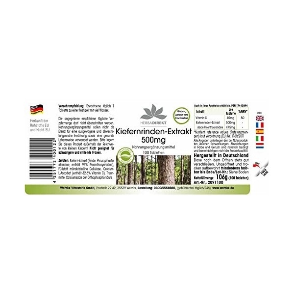 Extrait décorce de pin 500mg - hautement dosé - vegan - 100 comprimés - avec vitamine C | HERBADIREKT by Warnke Vitalstoffe