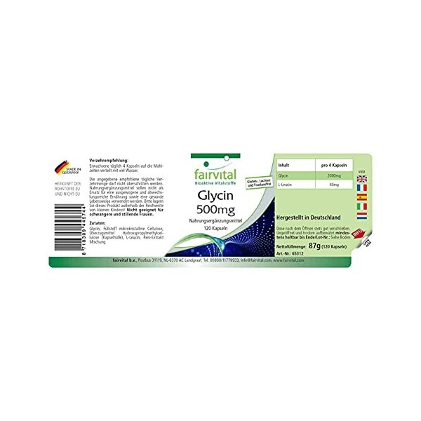 Fairvital | Glycine 500mg VEGAN - Fortement dosé - 120 capsules - acide aminé