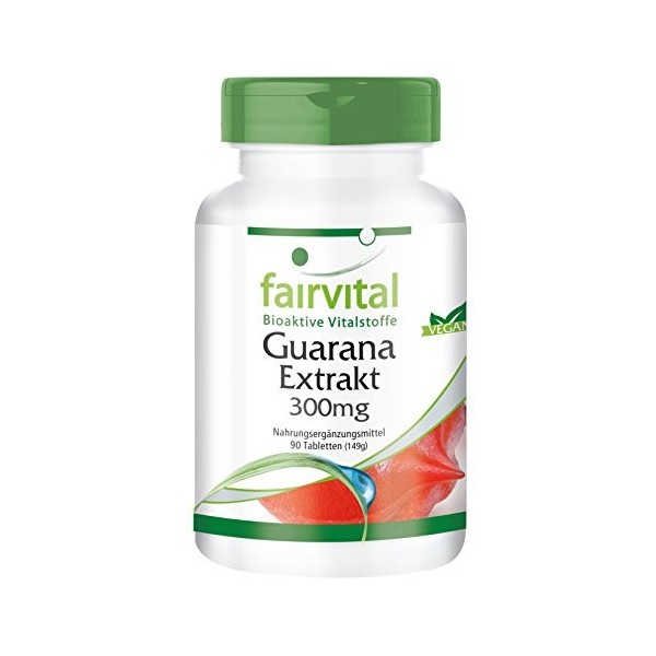 Fairvital | Extrait de Guarana 300mg boite de 3 mois - VEGAN - Fortement dosé - 90 comprimés - Paullinia cupana