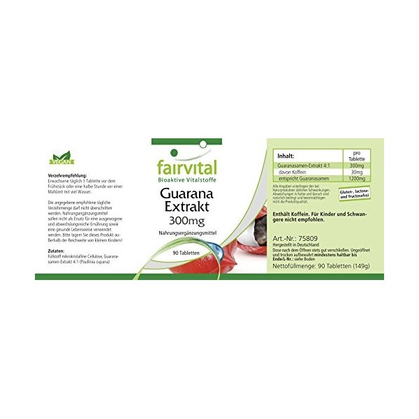 Fairvital | Extrait de Guarana 300mg boite de 3 mois - VEGAN - Fortement dosé - 90 comprimés - Paullinia cupana