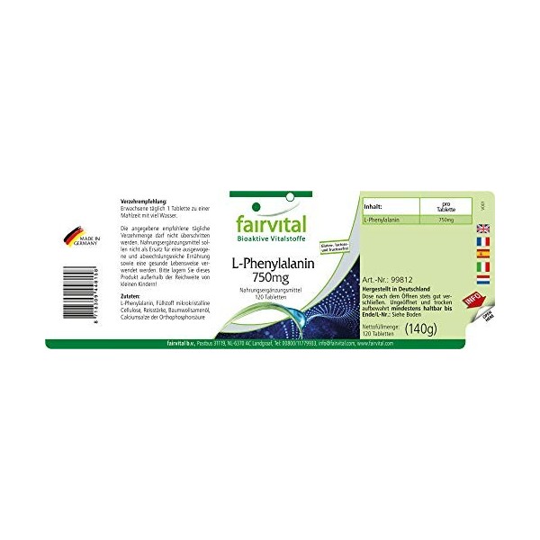 Fairvital | L-Phenylalanine 750mg - Boite pour 4 Mois - VEGAN - Fortement dosé - 120 Comprimés - Acide animé essentiel