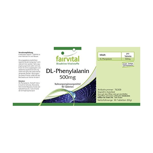 Fairvital | DL-phénylalanine 500mg - boite de 3 mois - VEGAN - Fortement dosé - 90 comprimés - DLPA