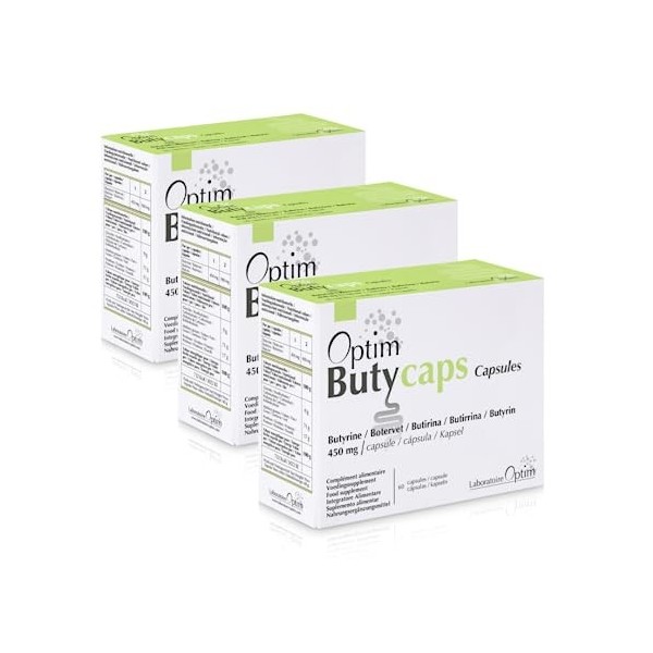 Offre 3 boites - Optim Butycaps Capsules 60 gélules | Acide butyrique - Butyrate - Butyrine liquide 450mg | Transit, Côlon & 