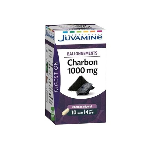 JUVAMINE - Gélules de Charbon Actif 1000 Mg - Purifie et Détoxifie le Corps - Boîte de 40 Gélules - 16G - Lot De 3