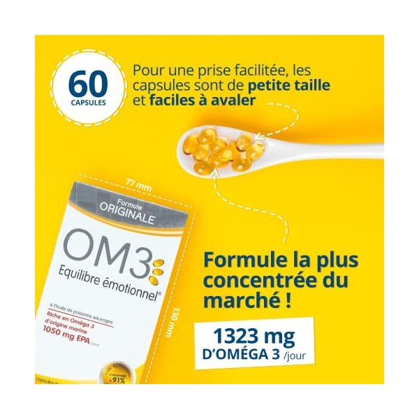 OM3 - Équilibre Émotionnel Formule Originale -Huile de poissons concentrée à 91% dOméga-3 - 60 capsules