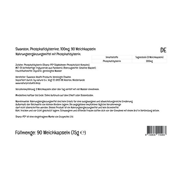 Swanson, Phosphatidylserine, 300mg par Dose Journalière, 90 Capsules molles, Hautement Dosé, Testé en Laboratoire, Sans Glute