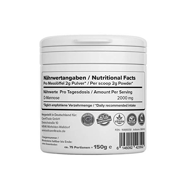 D Mannose en poudre 150g - Pure & naturelle Sans additifs – Stock pour 2,5 mois Testé en laboratoire - Vegan - Cuillère inclu