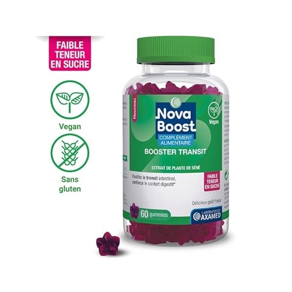 Novaboost - Complément Alimentaire - Gummies Booster Transit - Saveur Fraise Faible Teneur en Sucre - Vegan & Sans Gluten - C