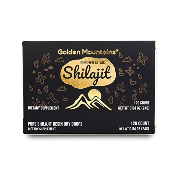 Premium Pure Shilajit Dry Drops de Sibérian Green Altai"Golden Mountains" - 120 Compte 200 mg Complément alimentaire Acide 