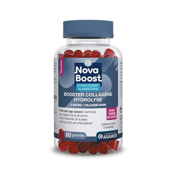 Novaboost - Complément Alimentaire - Gummies Collagène Hydrolysé - Anti-Âge - Saveur Framboise Faible Teneur en Sucre - Sans 