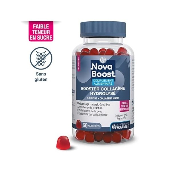 Novaboost - Complément Alimentaire - Gummies Collagène Hydrolysé - Anti-Âge - Saveur Framboise Faible Teneur en Sucre - Sans 