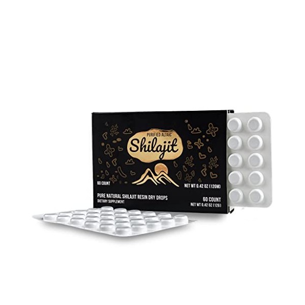 Premium Pure Shilajit Dry Drops de Sibérian Green Altai "Golden Mountains" - 60 Compte 200 mg Complément alimentaire Acide 