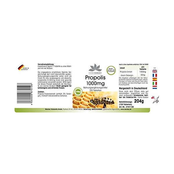 Propolis 1000mg - dosage élevé - 120 comprimés - avec 3% de Galangin | HERBADIREKT by Warnke Vitalstoffe