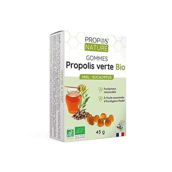 Gommes de Propolis Verte Bio - Miel & Eucalyptus - 45g - Maux de gorge - Certifié Agriculture biologique - Fabrication França