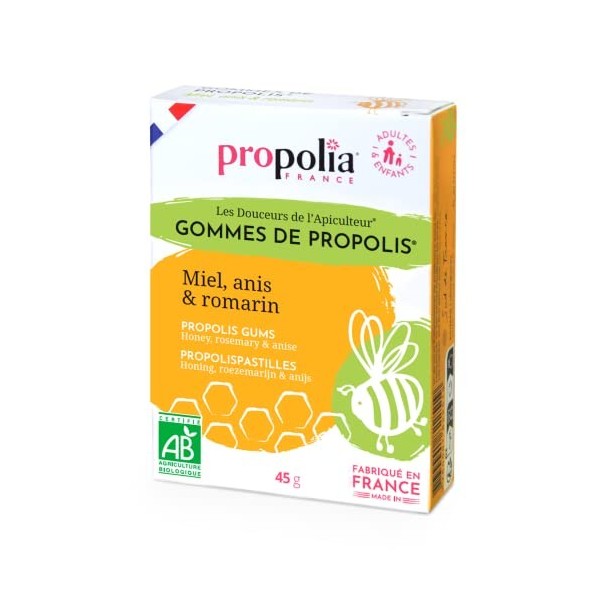 PROPOLIA - Bio - Gommes de Propolis / Miel / Anis - Apaise la gorge et rafraîchit lhaleine - Fabriquées en France - 45 g