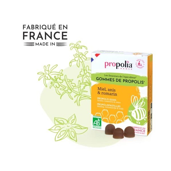 PROPOLIA - Bio - Gommes de Propolis / Miel / Anis - Apaise la gorge et rafraîchit lhaleine - Fabriquées en France - 45 g