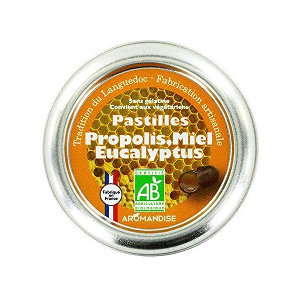 Pastilles bio à la propolis, miel et eucalyptus pour la gorge 45g