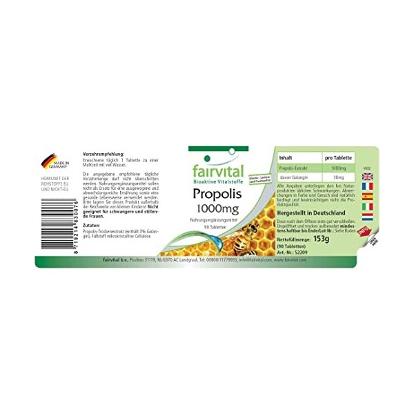 Fairvital | Propolis Comprimés 1000mg - Hautement dosé - 90 Comprimés - 3% Galangin