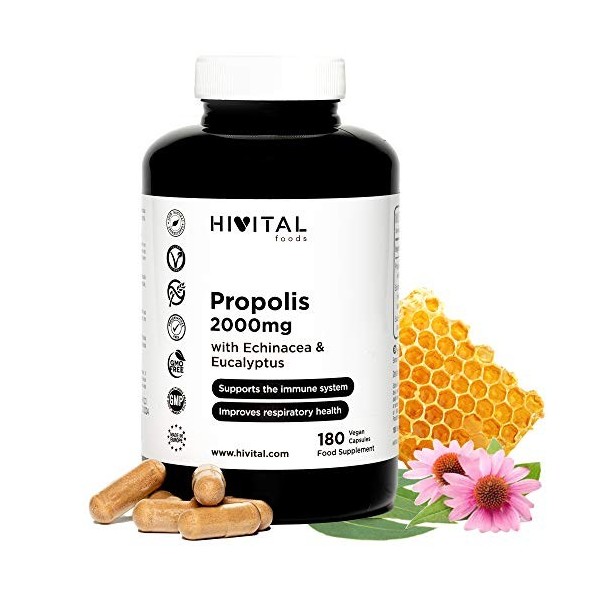 Propolis 2000 mg avec Echinacea et Eucalyptus. 180 gélules végétaliennes pour 6 mois. Traite les pathologies de la peau, et m