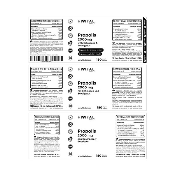 Propolis 2000 mg avec Echinacea et Eucalyptus. 180 gélules végétaliennes pour 6 mois. Traite les pathologies de la peau, et m